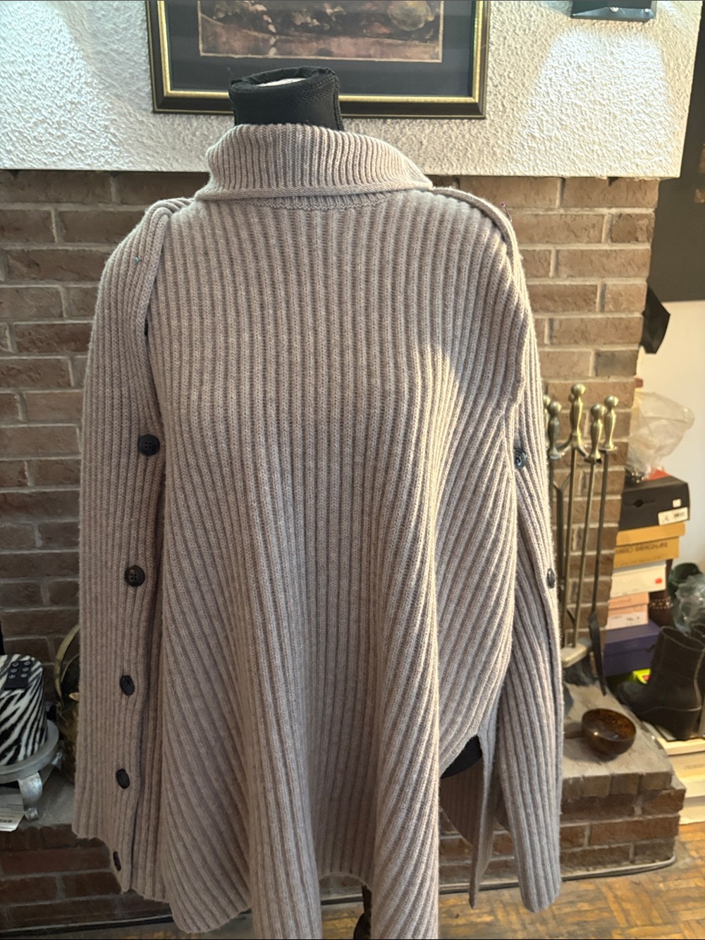 Reiss Beige Ribbed Button-Sleeve Turtleneck Sweater